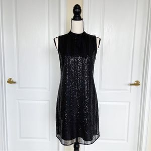 CeCe Size XS Black Sequin Layered Bow Tie Neck Sleeveless Cocktail Dress